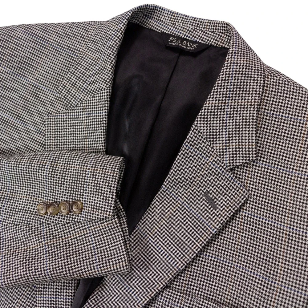 Jos A Bank Sport Coat Mens 46L White Black Silk Wool Houndstooth Blazer Jacket